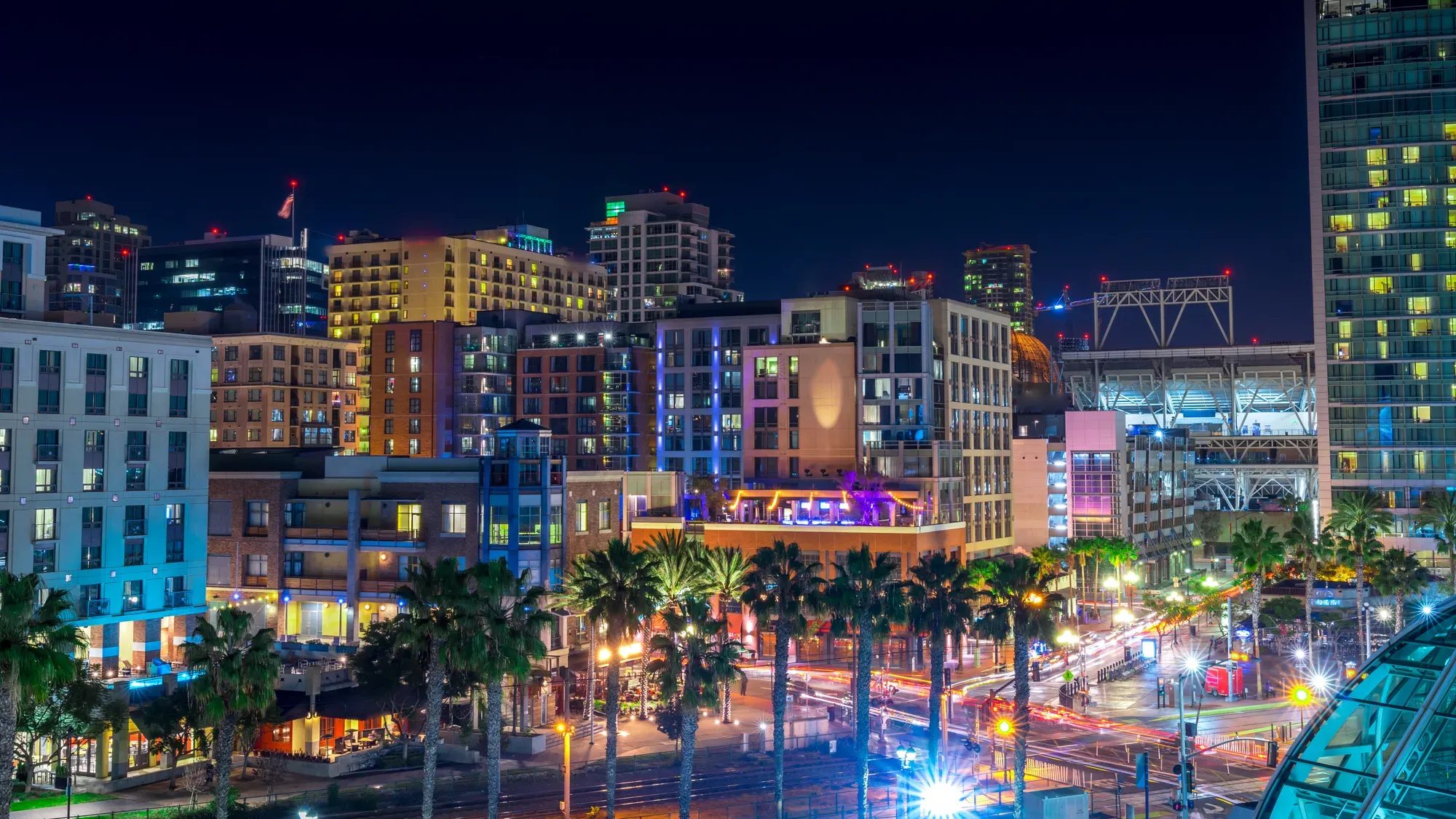 East Village rooftops and palm trees lit up at night
